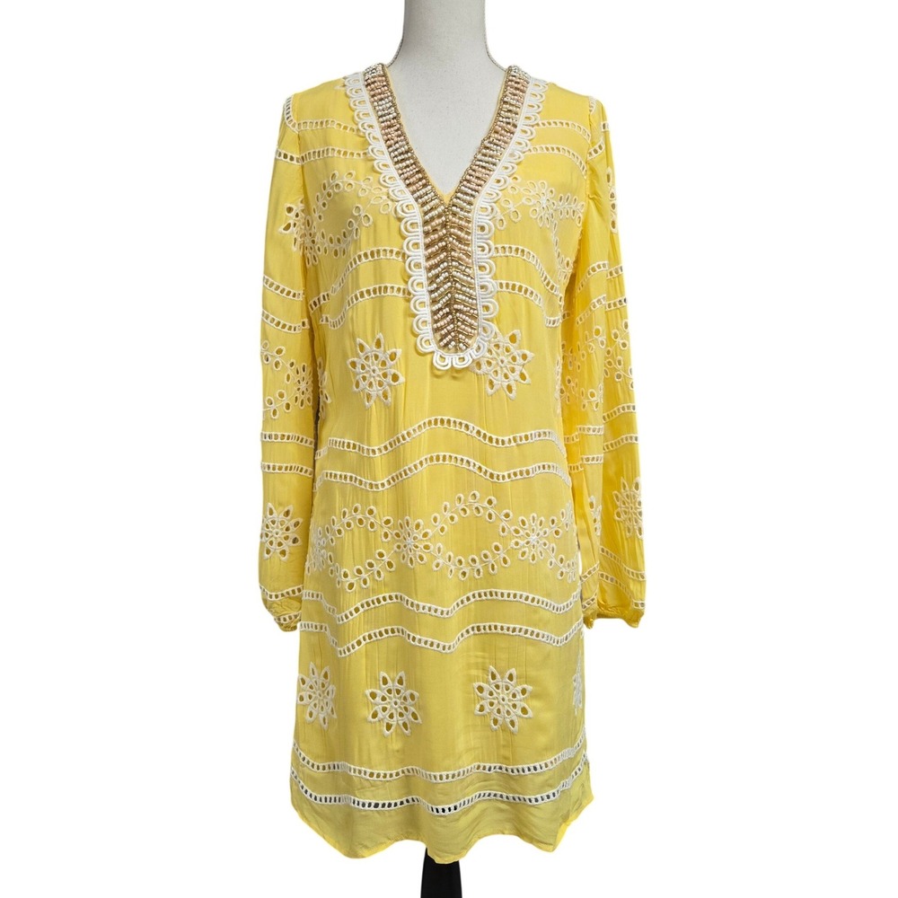 Boston Proper Yellow Eyelet Beaded V-Neck Tunic Dress Long Sleeve Women's Sz M